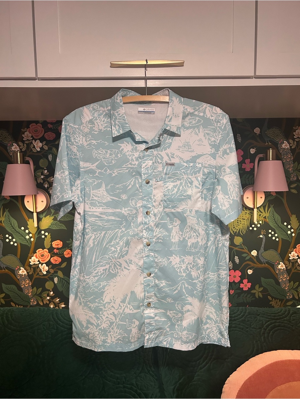 Columbia PFG Super Slack Tide Camp Fishing Shirt Blue Toile Print Men's Size S
